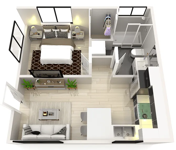 3D floor plan rendering of a custom ADU interior, illustrating the open living space and bedroom as part of ADU build ready plans