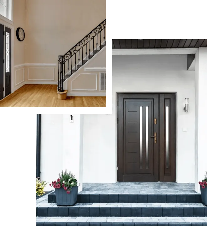 Modern entryway with dark double doors, exterior steps with potted flowers, and interior staircase with wrought iron railing